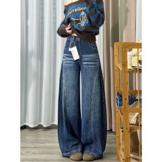 批发弯刀牛仔裤女秋季超舒服美式高街宽松阔腿立体裁剪廓形水洗拖地裤