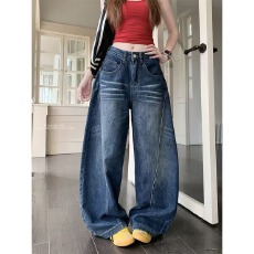 批发大码美式复古弯刀牛仔裤女2025秋<b class='q'>街头</b>风baggy廓形阔腿拖地长裤子