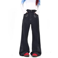 批发美式羽毛刺绣水洗牛仔裤男女2026春季新款宽松bf韩系<b class='q'>街头</b>阔腿裤潮