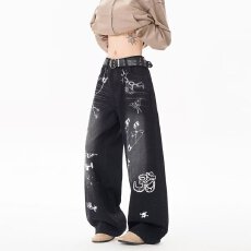 批发潮牌个性<b class='q'>街头</b>涂鸦设计牛仔裤男青年宽松直筒裤春秋长款拖地休闲裤