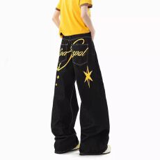 批发<b class='q'>街头</b>趣味印花黑色牛仔裤直筒阔腿休闲宽松拖地长裤男女