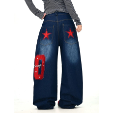 批发美式复古星星字母数字刺绣弯刀牛仔裤女<b class='q'>街头</b>宽松显瘦阔腿拖地长裤