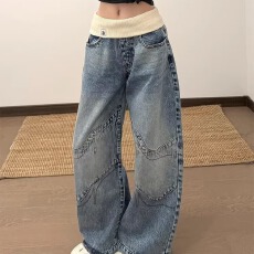 批发美式复古螺纹腰头直筒牛仔裤女秋冬款高街设计感宽松显瘦阔腿裤子