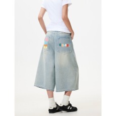 批发野生阿子美式复古彩色字母印花潮流牛仔短裤女夏季宽松阔腿七分裤