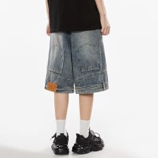 批发牛仔<b class='q'>短裤</b>男夏季美式复古ins潮牌痞帅做旧水洗宽松直筒阔腿五分裤