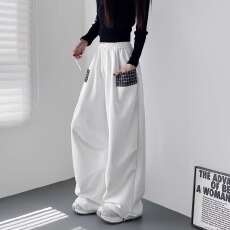 批发白色奶芙拼接格子运动裤女2026春季新款<b class='q'>大码</b>胖mm街头跳舞阔腿卫裤