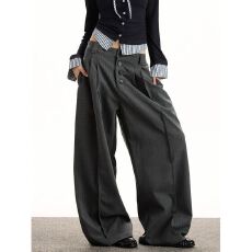 批发欧美式双褶设计感暗扣小西裤男女宽松直筒长裤休闲百搭<b class='q'>西服</b>西装裤