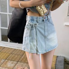 批发复古蓝<b class='q'>大码</b>假两件牛仔裙裤女夏季新款美式百搭不规则A字显瘦短裤