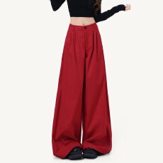 多巴胺中国红慵懒风阔腿裤春夏新薄款高腰宽松垂感休闲拖地裤潮流