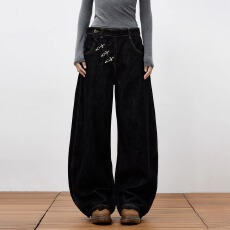 批发2026小众高级感飞机扣门襟弯刀牛仔裤<b class='q'>男</b>女款复古拖地嘻哈原牛<b class='q'>裤子</b>