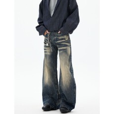 批发美式街头黄泥染竹节纹弯刀牛仔裤<b class='q'>男</b>女宽松显瘦阔腿做旧百搭长<b class='q'>裤子</b>