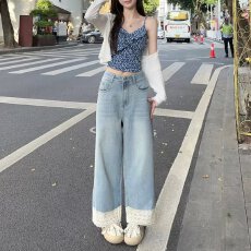 批发阔腿<b class='q'>牛仔裤</b>女秋季韩版宽松休闲蕾丝花边拼接高腰窄版直筒<b class='q'>九分</b>裤子