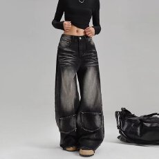 美式复古阔腿牛仔裤女2025春季新款黑灰色宽松直筒裤子显瘦长裤