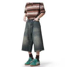 批发美式复古<b class='q'>牛仔</b>七分裤<b class='q'>男</b>女潮牌水洗高级感宽松百搭休闲阔腿<b class='q'>牛仔</b><b class='q'>短裤</b>