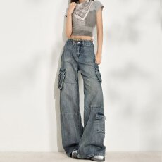 批发美式高街多口袋工装牛仔裤女秋季秋<b class='q'>冬</b>2025新款高腰毛边休闲阔腿裤
