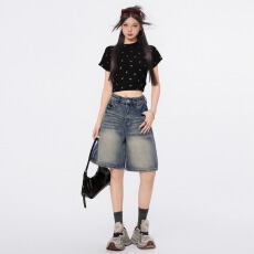 批发夏季高级感水洗做旧<b class='q'>牛仔</b><b class='q'>短裤</b><b class='q'>男</b>复古休闲直筒宽松百搭阔腿五分裤<b class='q'>男</b>