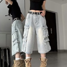 批发美式多口袋水洗七分<b class='q'>牛仔</b>工装裤<b class='q'>男</b>女小众宽松显瘦阔腿休闲<b class='q'>短裤</b>子