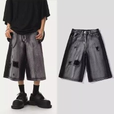 批发水洗破洞复古7分工装<b class='q'>牛仔</b><b class='q'>短裤</b>春夏宽松直筒<b class='q'>男</b>女阔腿潮牌七分中裤