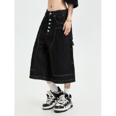 批发夏季美式复古水洗多纽扣伐木工装七分<b class='q'>牛仔</b>裤<b class='q'>男</b>潮牌阔腿原牛<b class='q'>短裤</b>