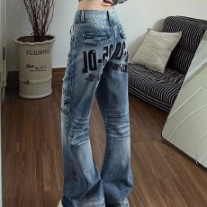 批发美式高街水洗蓝字母印花牛仔裤女<b class='q'>秋</b>冬设计感小众潮牌微喇阔腿长裤