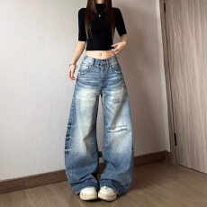 批发美式复古水洗做旧破坏感牛仔裤男女春<b class='q'>秋</b>宽松百搭阔腿裤