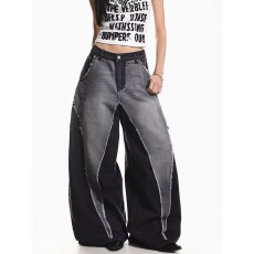 批发春<b class='q'>秋</b>新款美式弯刀阔腿裤女长裤潮流痞帅直筒哈伦裤复古水洗牛仔裤