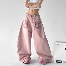 批发脏粉色美式高腰阔腿牛仔裤女2025年春<b class='q'>夏</b>新款紫色窄版直筒拖地裤子