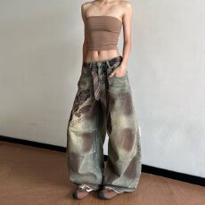 批发2026春季水洗复古做旧牛仔裤男士宽松大直筒休闲垂感拖地百搭长裤