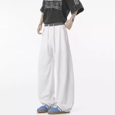 批发白色冰丝裤子男<b class='q'>夏</b>季薄款宽松速干运动裤直筒垂感阔腿裤美式弯刀裤