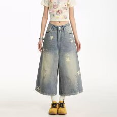 批发<b class='q'>夏</b>季新款做旧直筒牛仔中裤女高腰星星印花宽松大码阔腿七分牛仔裤