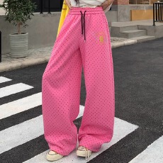 批发多巴胺穿搭粉色波点运动卫裤女<b class='q'>夏</b>季2026新款宽松直筒拖地阔腿裤子