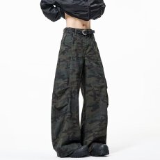 批发牛仔裤美式复古多口袋微喇迷彩<b class='q'>工装裤</b>男潮牌嘻哈高街直筒休闲裤