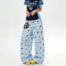 批发美式街头休闲<b class='q'>运动服</b>套装女<b class='q'>夏季</b>宽松短袖t恤波点阔腿裤两件套跑步