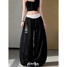 批发美式<b class='q'>街头</b>风假两件拼色腰头阔腿裤女黑色爵士舞裤休闲长裤