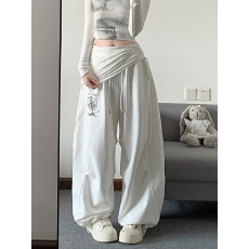 批发美式<b class='q'>街头</b>风假两件拼色腰头阔腿裤女黑色爵士舞裤休闲长裤