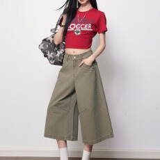 批发2026夏季美式复古卡其色七分阔腿牛仔裤女低腰宽松直筒<b class='q'>休闲</b>中短裤