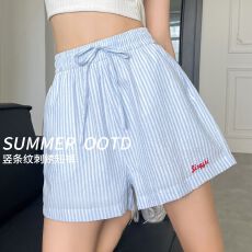 批发立体腰-整件内里刺绣条纹速干短裤女夏季薄款<b class='q'>高腰</b>宽松a字五分裤
