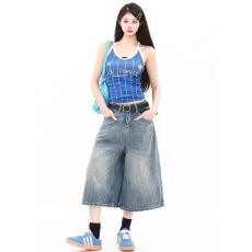 批发美式水洗折痕破洞七分牛仔裤<b class='q'>女</b>夏季2026新款高腰中裤直筒阔腿短裤