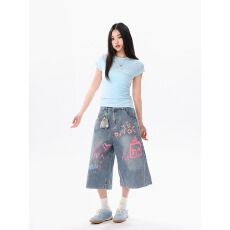 批发多巴胺穿搭涂鸦牛仔<b class='q'>七分裤</b><b class='q'>女</b>夏季胖mm阔腿中裤宽松直筒休闲短裤子