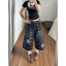 批发美式复古小众满印星星贴布<b class='q'>七分裤</b>2026夏季情侣宽松阔腿牛仔中裤子