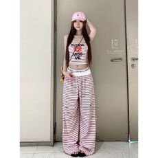 批发夏季减龄一整套穿搭又酷又飒大方得体别致独特绝美漂亮条纹套装<b class='q'>裤</b>