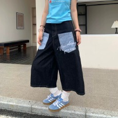 批发美式复古格纹刺绣字母拼接牛仔七分裤男女夏季宽松百搭阔腿短裤潮