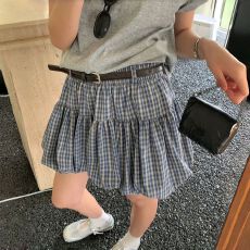 批发配腰带 韩系格纹花苞半身裙夏季防走光高腰显瘦a字蓬蓬短裙