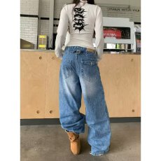 批发2026秋季新款美式潮牌弯刀牛仔裤男时尚高街休闲宽松直筒阔腿长裤