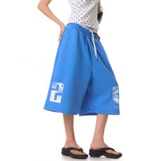 批发美式街头复古篮球运动字母<b class='q'>印花</b>阔腿七分裤男女夏季松紧腰宽松<b class='q'>短裤</b>