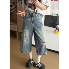 批发美式复古星星<b class='q'>印花</b>牛仔七分裤2026夏季薄款中裤宽松水洗阔腿<b class='q'>短裤</b>