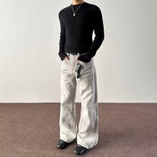 批发春夏季美式复古脏染猫须<b class='q'>牛仔裤</b>男直筒洗水做旧微喇先生长裤子潮