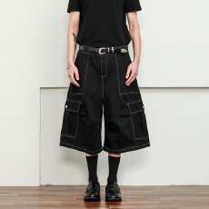 批发美式复古明线七分裤工装牛仔短裤女夏季高街宽松显瘦直筒阔腿中裤