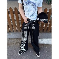 批发美式复古运动卫裤乐谱印花<b class='q'>休闲</b><b class='q'>长裤</b><b class='q'>男</b>女美式街头baggy百搭阔腿裤
