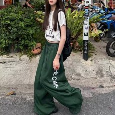批发美式侧边字母设计宽松空气裤工<b class='q'>装</b>裤女新款洋气高腰显瘦百搭弯刀裤